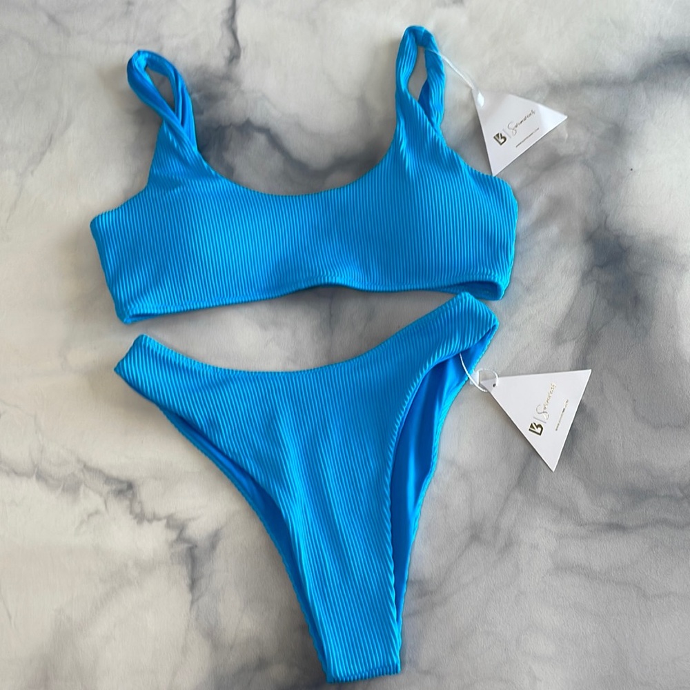 BuffBunny Chasing Waterfalls Scoop-neck Electric Blue High-Waisted Bikini